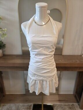 White Halter Ruffle Hem Mini Dress